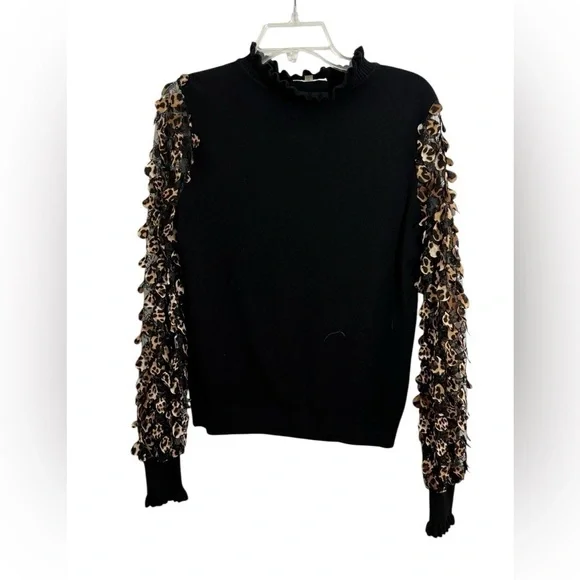 Sioni Leopard Lace Mesh Long Sleeve Ruffle Mock Neck Sweater Top Size Medium - Picture 2 of 8